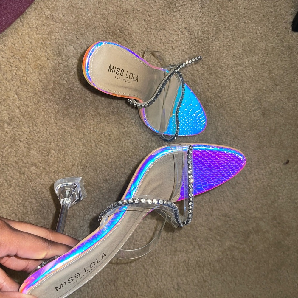 Miss Lola Iridescent Blue Heels with Rhinestone Straps - Picture 2 of 6